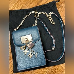 DKNY Elissa North South Crossbody Indigo-Blue Leather Logo Charm Bag
